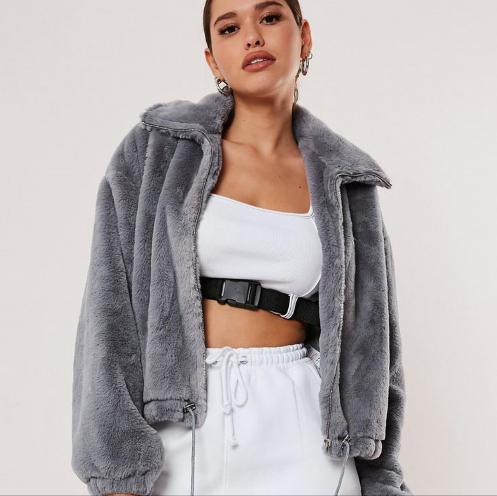 Grey Fur Bomber Jacket